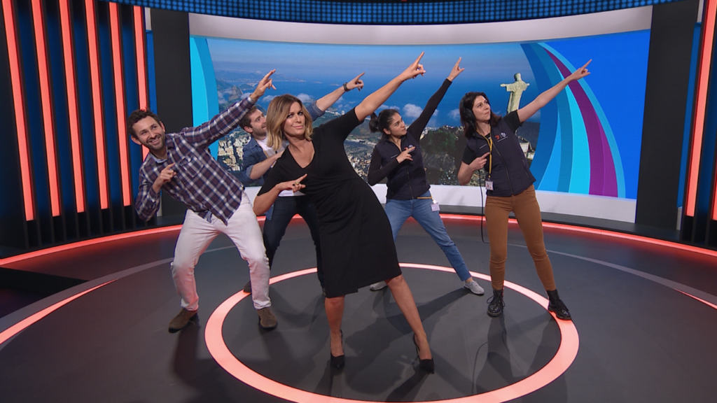 Teleprompting for Kylie Gillies and the 2016 Rio Olympics crew celebrating Usain Bolt (right: Dani & Kennie)